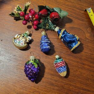 Set of 5 Vintage Minature Glass Gold Multicolor Hanging Christmas Ornaments